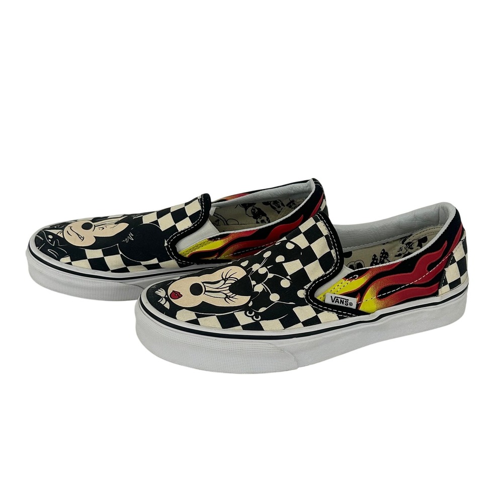 Vans Disney Mickey Minnie Checkerboard Flame Slip On Shoes Womens 6 Mens 4.5